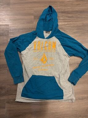 Volcom Teal Blue and Heather Gray Pullover Hoodie with Orange Logo